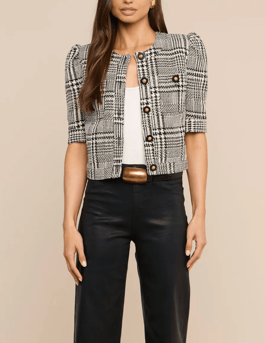 Front view of L'AGENCE Allegra Short Sleeve Jacket Black White Glen Plaid