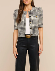 Front view of L'AGENCE Allegra Short Sleeve Jacket Black White Glen Plaid