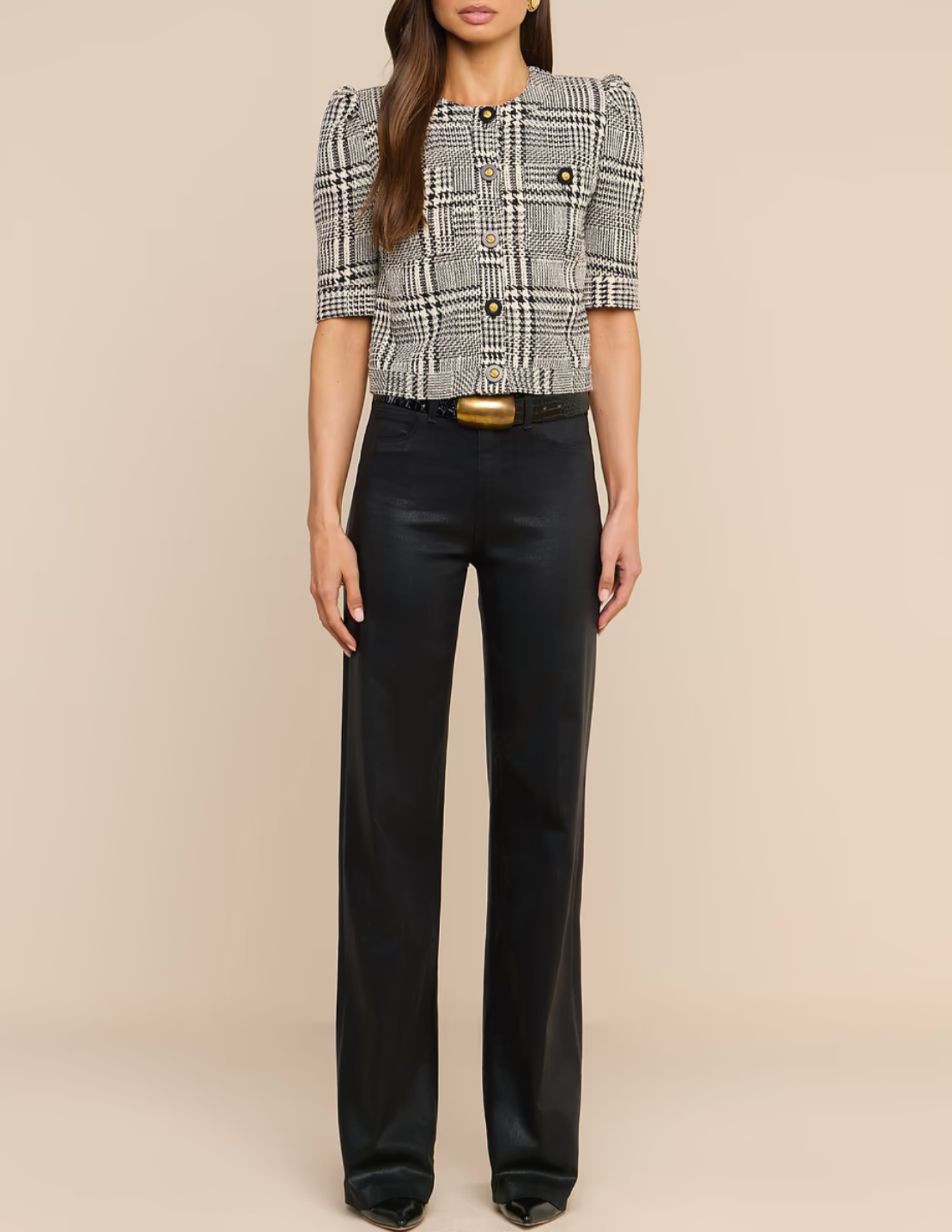 Full body view of L'AGENCE Allegra Short Sleeve Jacket Black White Glen Plaid