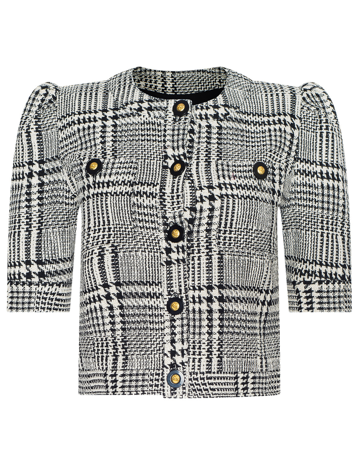 L'AGENCE Allegra Short Sleeve Jacket Black White Glen Plaid