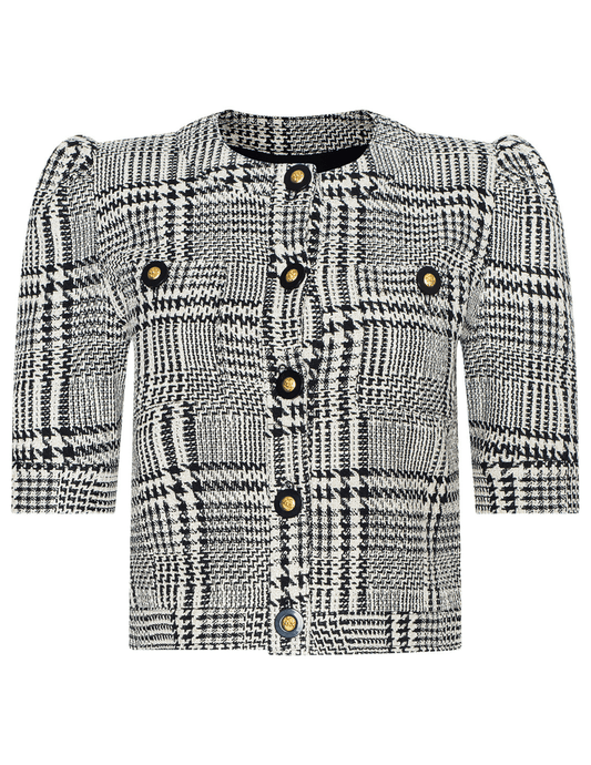 L'AGENCE Allegra Short Sleeve Jacket Black White Glen Plaid