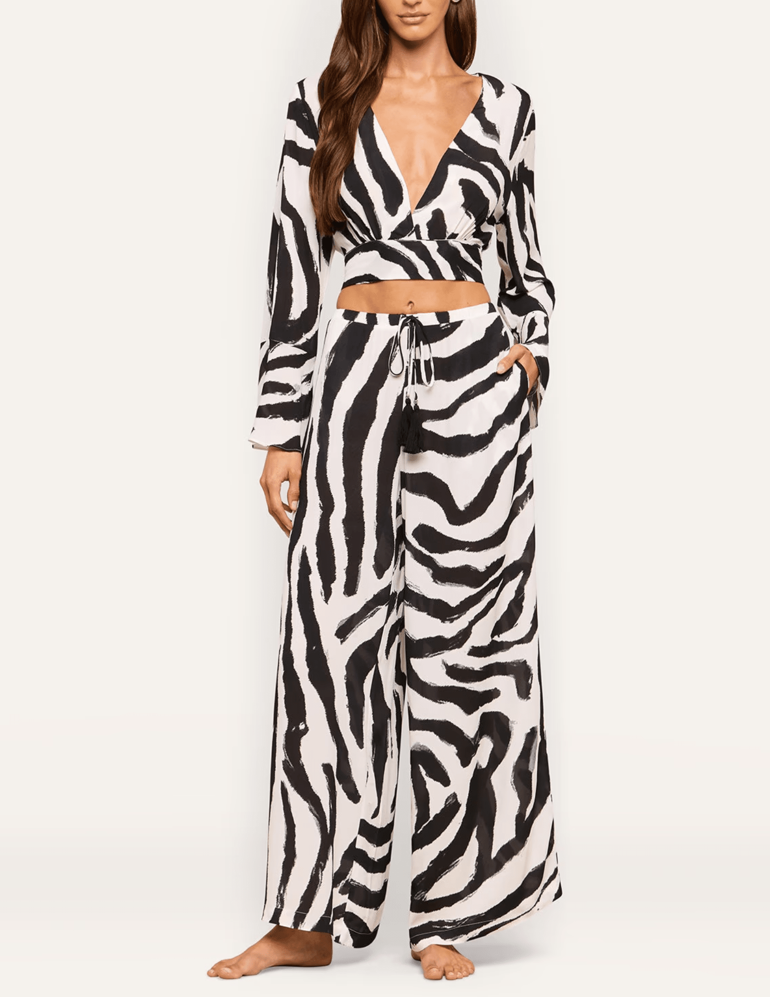 L'AGENCE Ambala Cover-Up Top styled with matching geraldine zebra print resort pants.