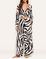 L'AGENCE Ambala Cover-Up Top styled with matching geraldine zebra print resort pants.