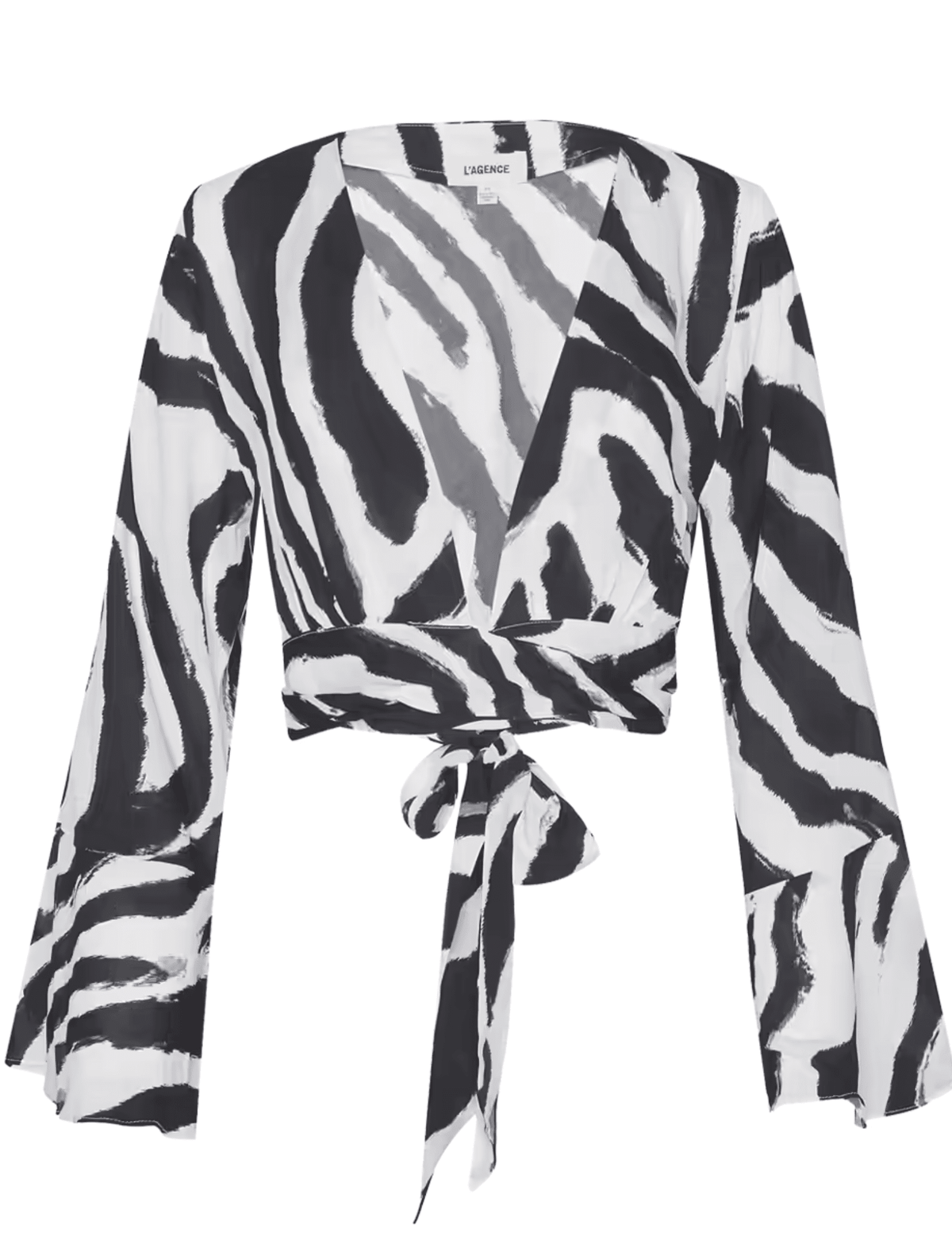 L'AGENCE Ambala Cover-Up Top in Black White Zebra with flowing bell sleeves and a self-tie waist.