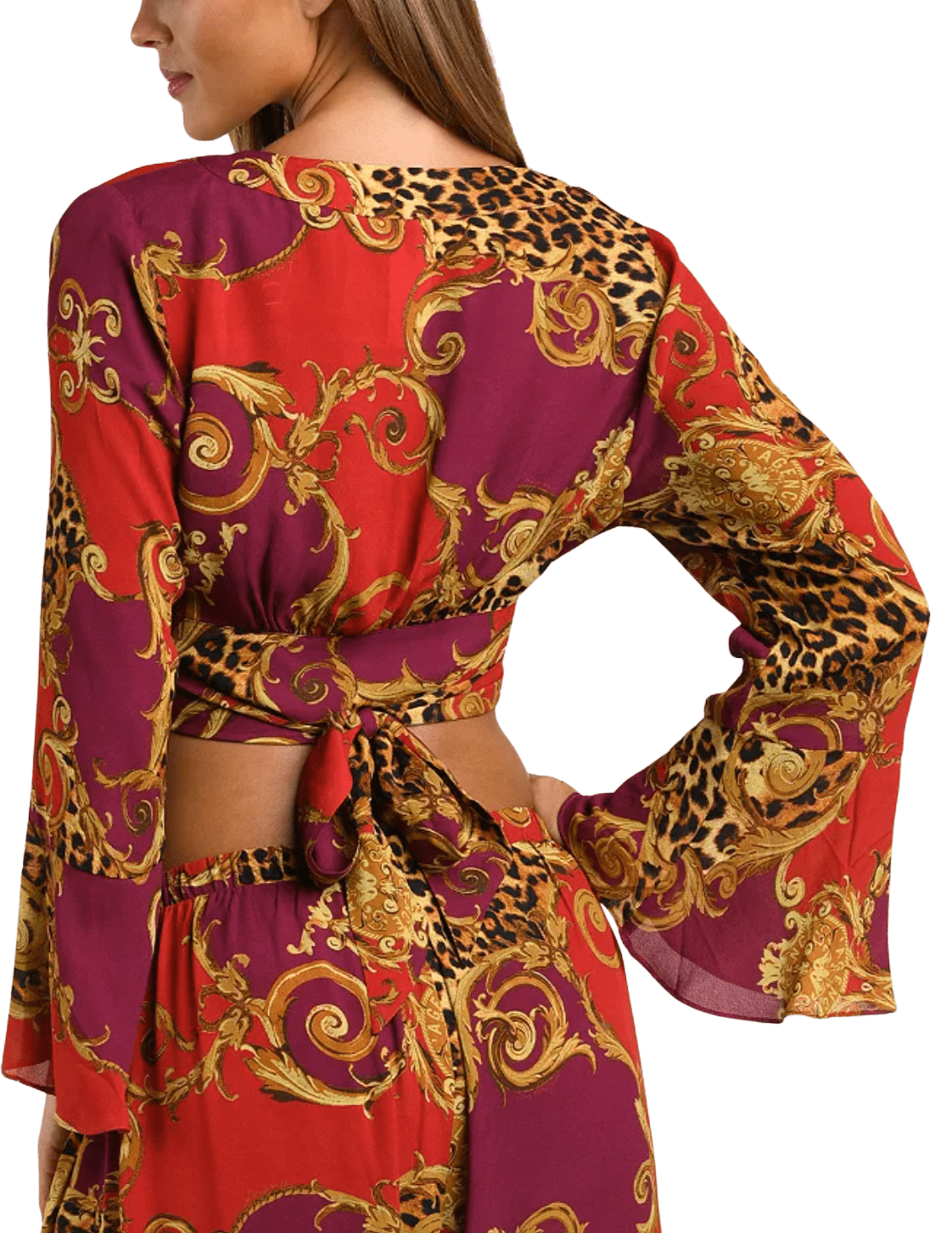 Back view of L'AGENCE Ambala cropped cover-up top showing its flowing sleeves and baroque leopard print.