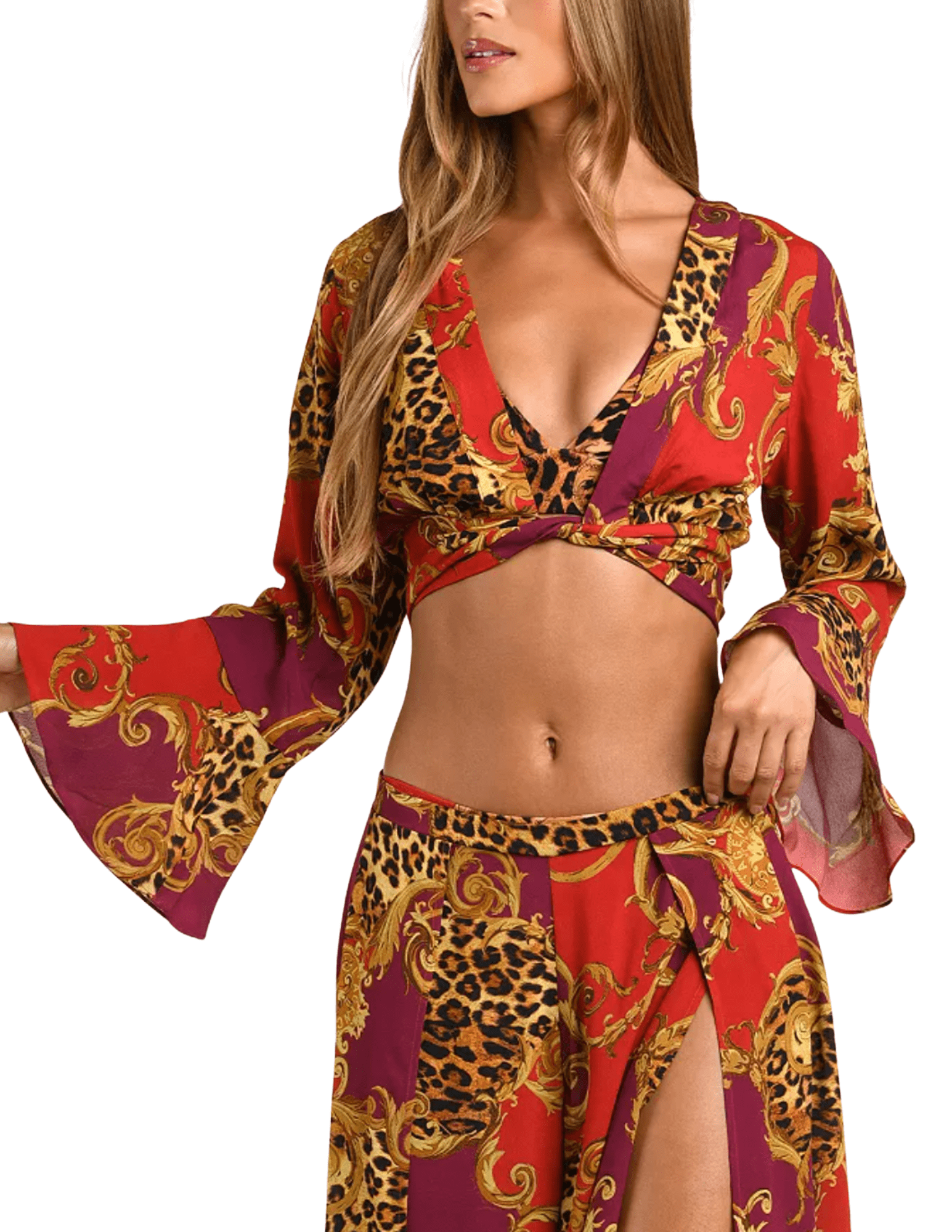 Front view of L'AGENCE Ambala wrap top featuring a plunging V-neck and red and gold leopard print.