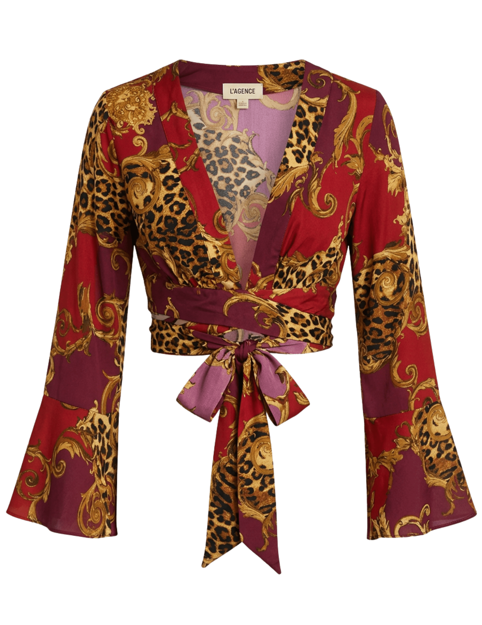 L'AGENCE Ambala cropped wrap cover-up top in Rouge Gold Baroque Leopard with long bell sleeves and tie waist.