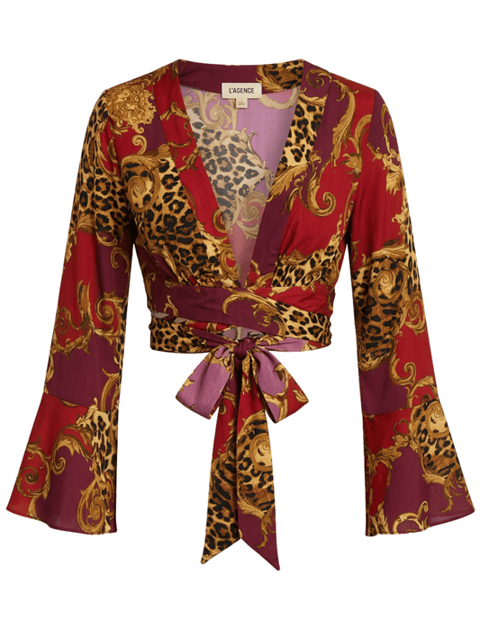 L'AGENCE Ambala cropped wrap cover-up top in Rouge Gold Baroque Leopard with long bell sleeves and tie waist.