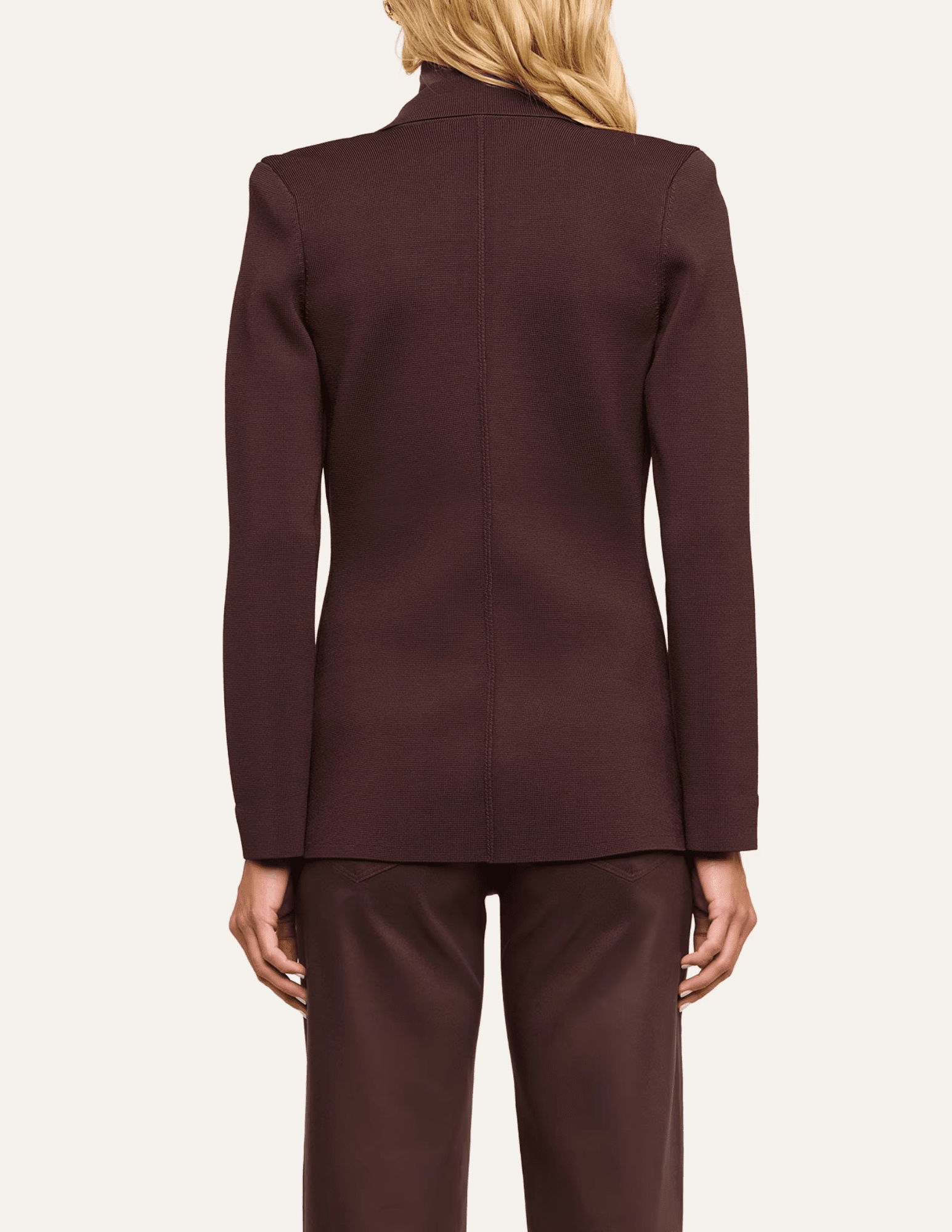 Back view of L'AGENCE Amelia Knit Blazer in Dark Java and Gold.
