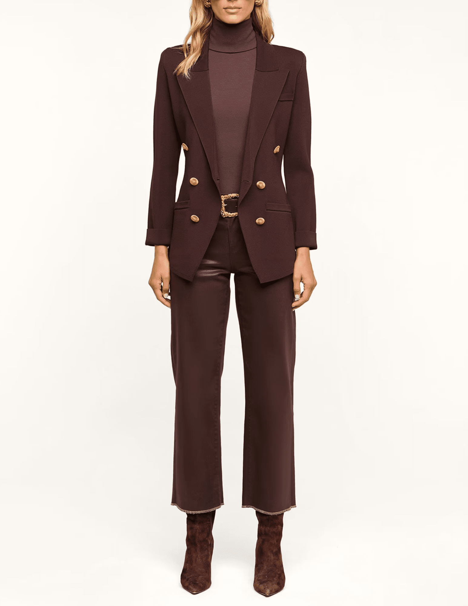 Full-length styling of L'AGENCE Amelia Knit Blazer in Dark Java and Gold.