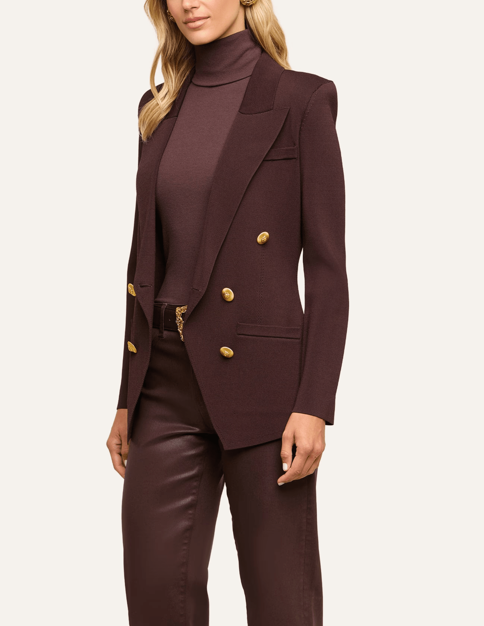 Side view of L'AGENCE Amelia Knit Blazer in Dark Java and Gold.