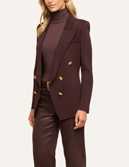 Side view of L'AGENCE Amelia Knit Blazer in Dark Java and Gold.