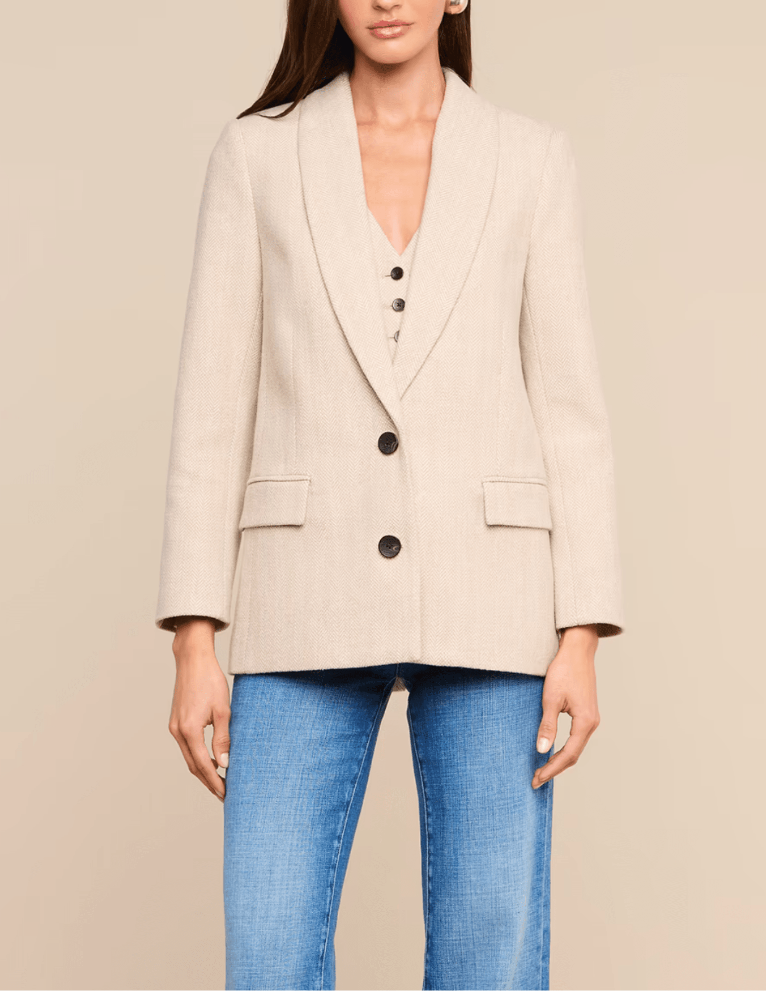 Front view of L'AGENCE Amelie Herringbone Blazer Cappuccino Ivory Tweed