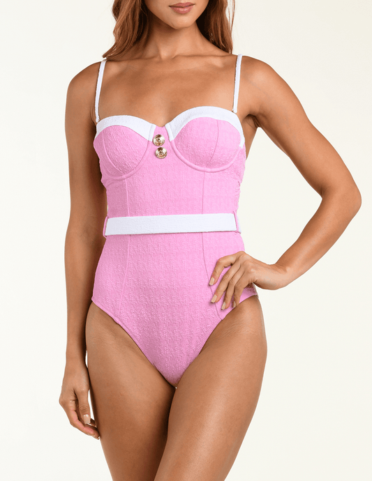 Front view of L’AGENCE Anastasia one-piece swimsuit in blush and white