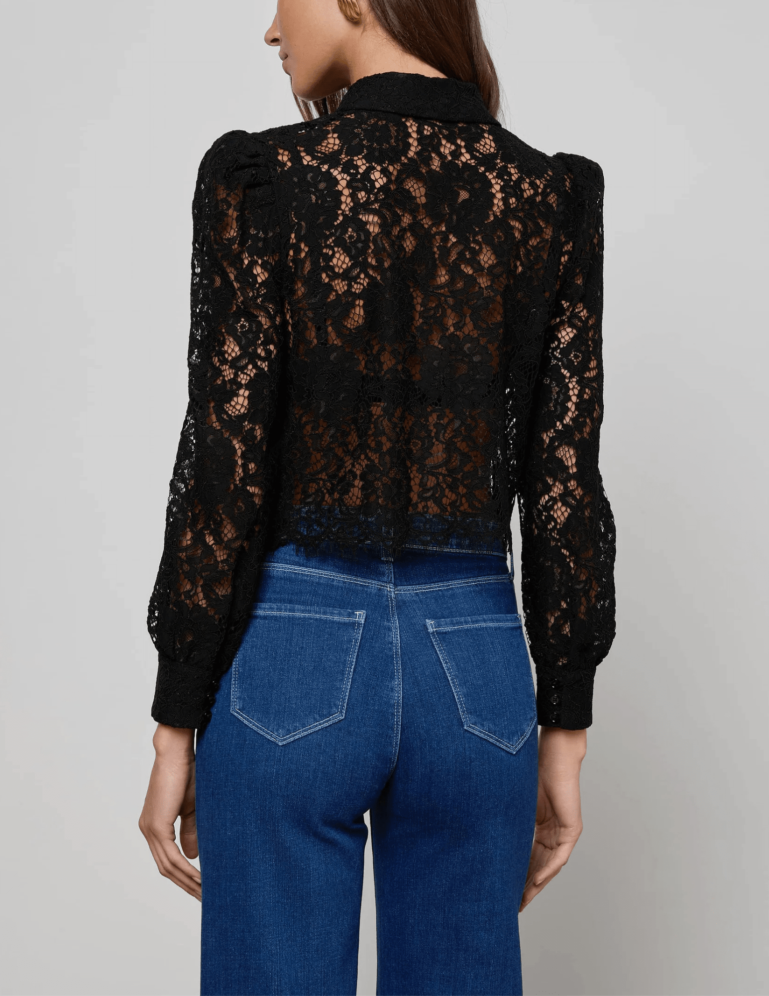 Black lace cropped blouse with scalloped hem by L’AGENCE