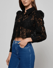 Black lace cropped blouse with scalloped hem by L’AGENCE side