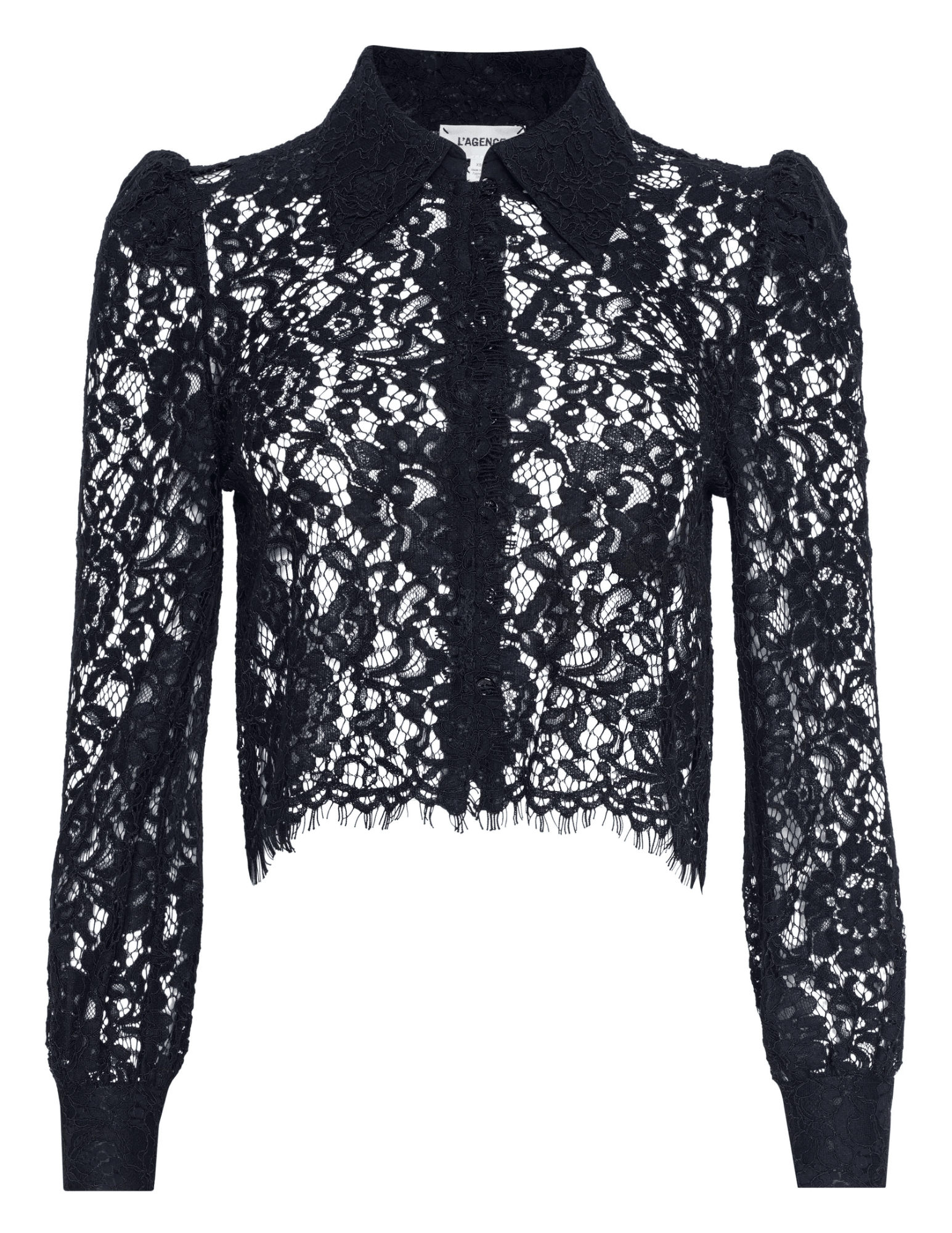 Black lace cropped blouse with scalloped hem by L’AGENCE