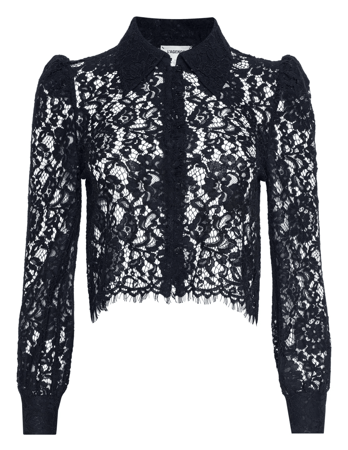 Black lace cropped blouse with scalloped hem by L’AGENCE