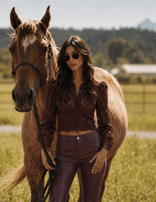 Lifestyle image of L'AGENCE Anita Lace Cropped Blouse in Deep Sangria