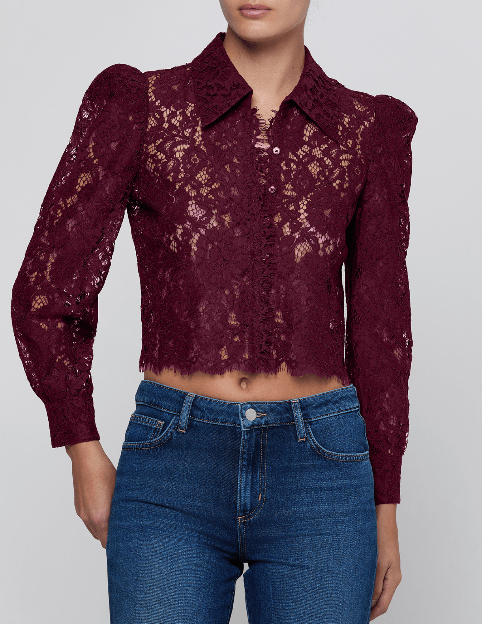 Front view of L'AGENCE Anita Lace Cropped Blouse in Deep Sangria