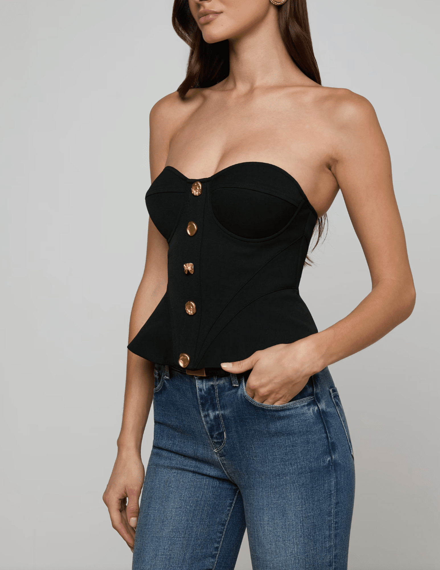 Side view of L’AGENCE Anna corset top with zipper closure