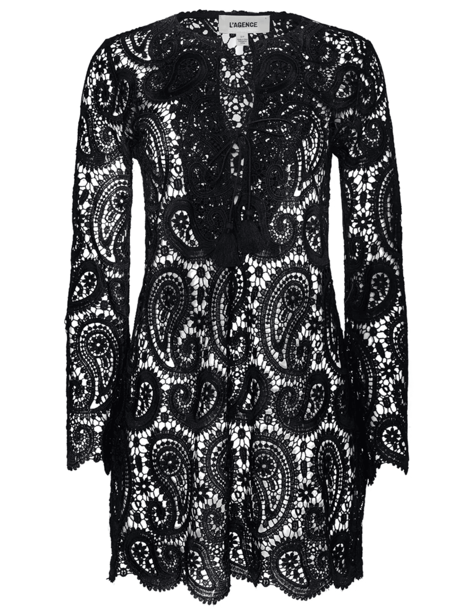 L’AGENCE Ansley Crochet Long Sleeve Cover-Up Mini Dress in Black