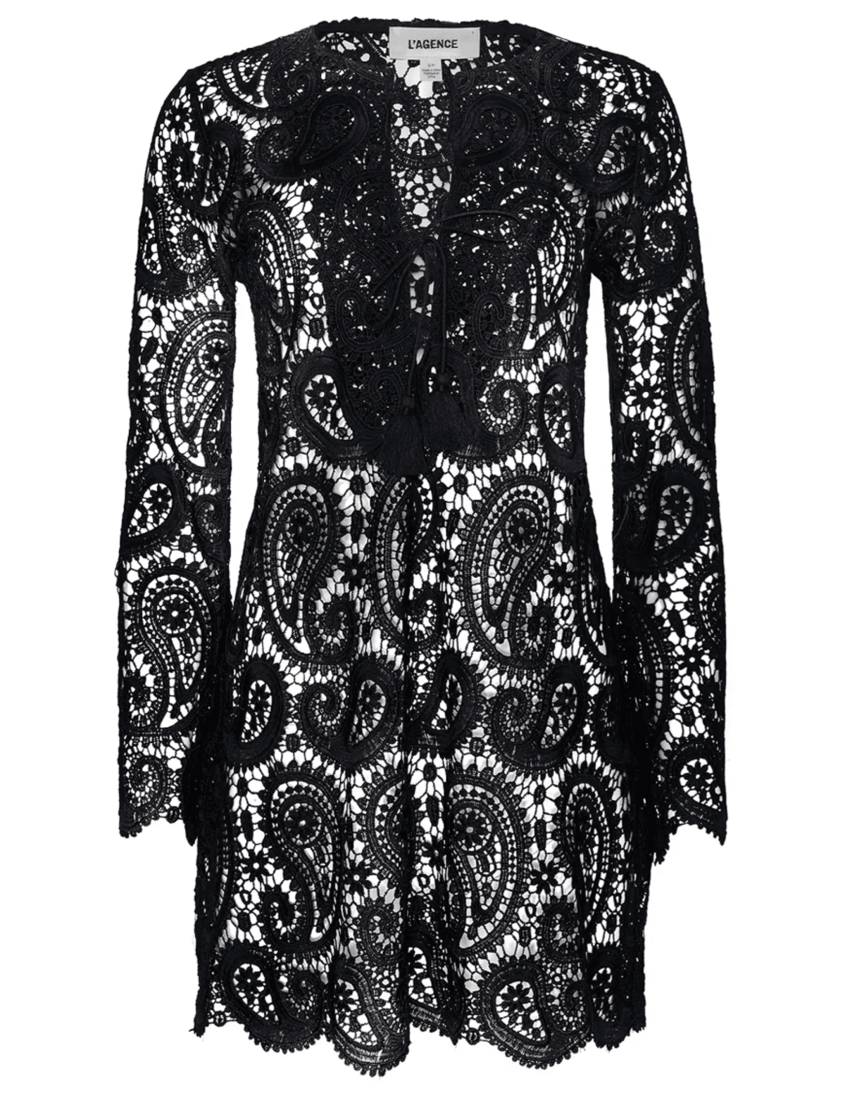 L’AGENCE Ansley Crochet Long Sleeve Cover-Up Mini Dress in Black