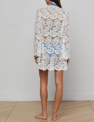 Back view of L’AGENCE Ansley Black Crochet Long Sleeve Mini Cover-Up Dress