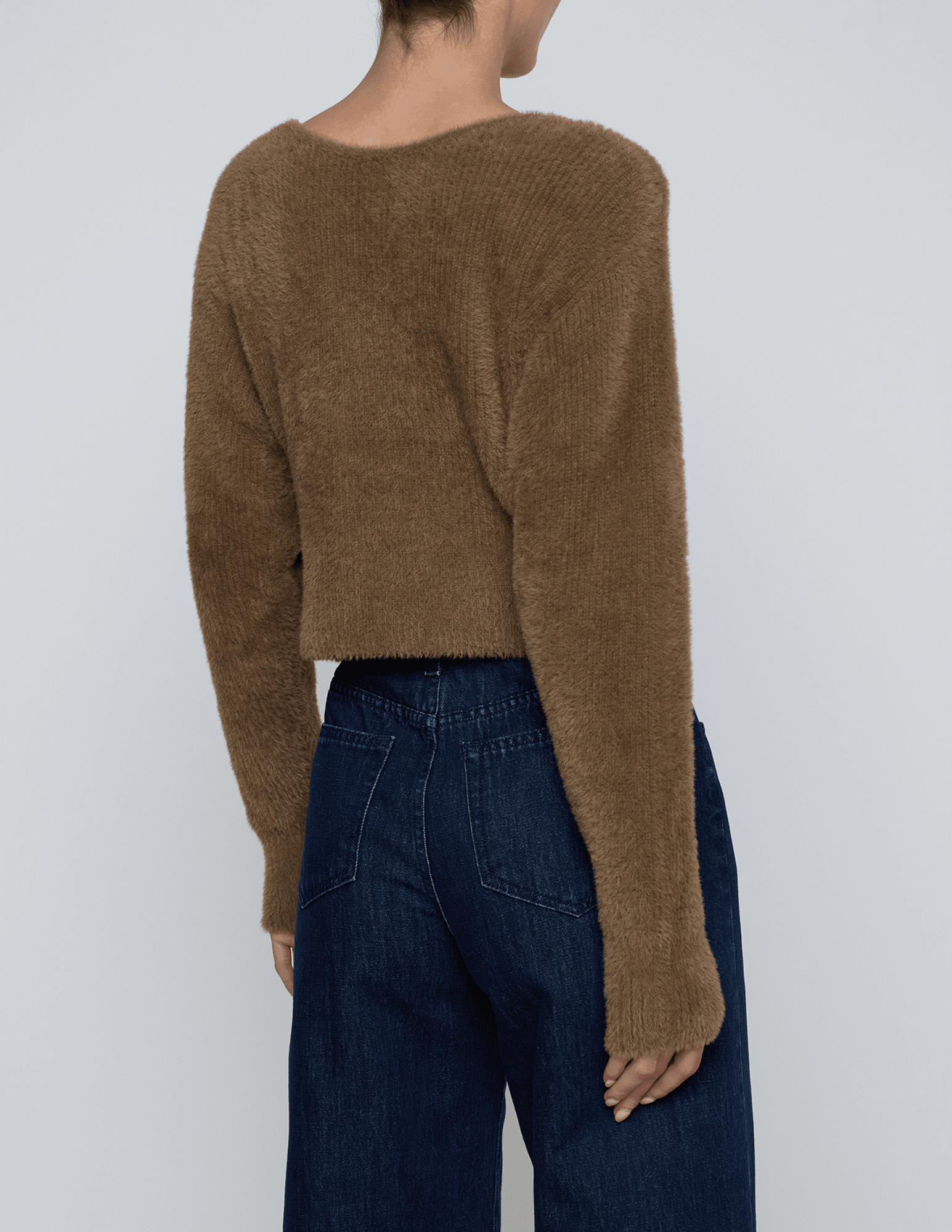 L’AGENCE Antonella Cross Front Sweater in Driftwood, back view.