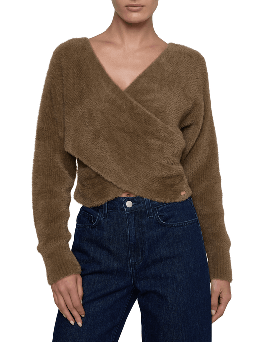 L’AGENCE Antonella Cross Front Sweater in Driftwood, front view.