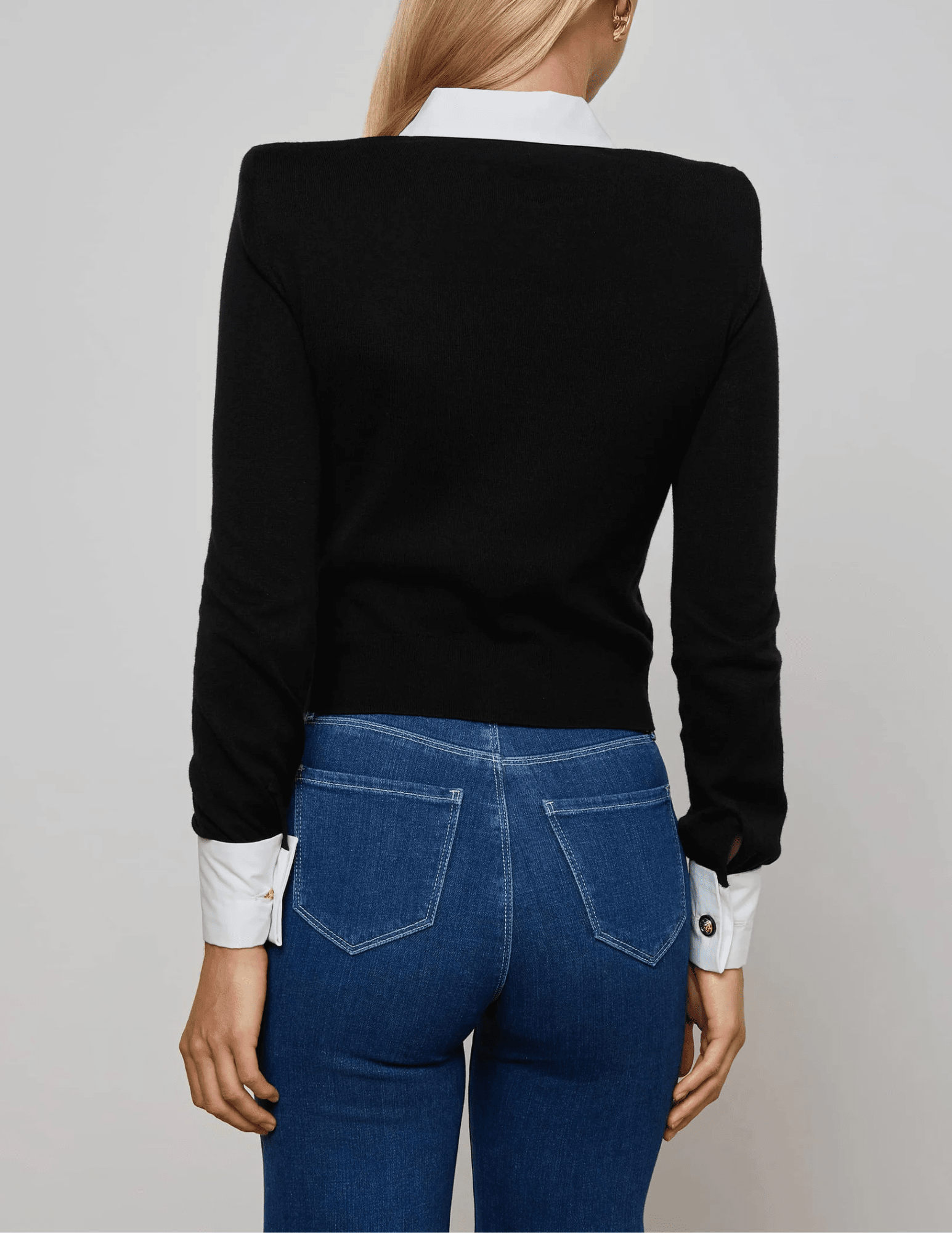 L’AGENCE April Poplin Collar Sweater in Black Gold with poplin collar and French cuffs back view
