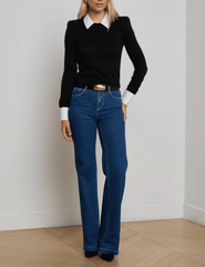 L’AGENCE April Poplin Collar Sweater in Black Gold with poplin collar and French cuffs full body model view
