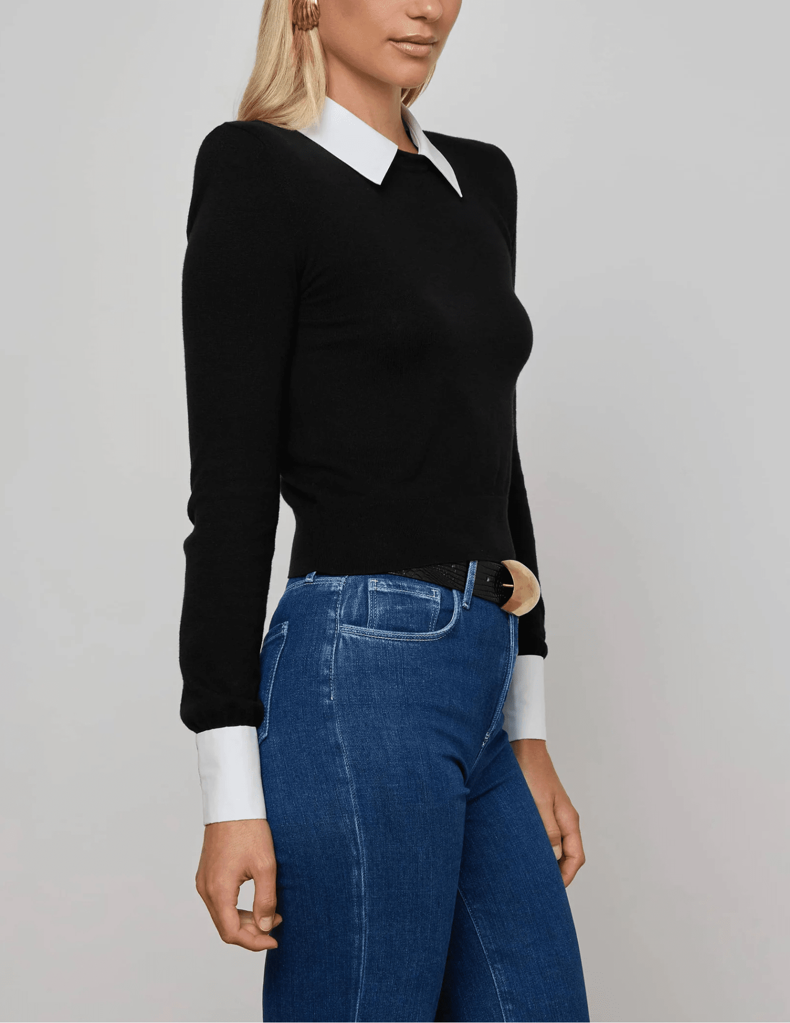 L’AGENCE April Poplin Collar Sweater in Black Gold with poplin collar and French cuffs side view
