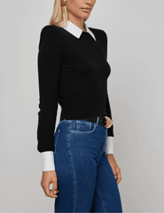 L’AGENCE April Poplin Collar Sweater in Black Gold with poplin collar and French cuffs side view
