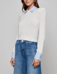 Side view of L’AGENCE April sweater with tailored French cuffs and poplin collar