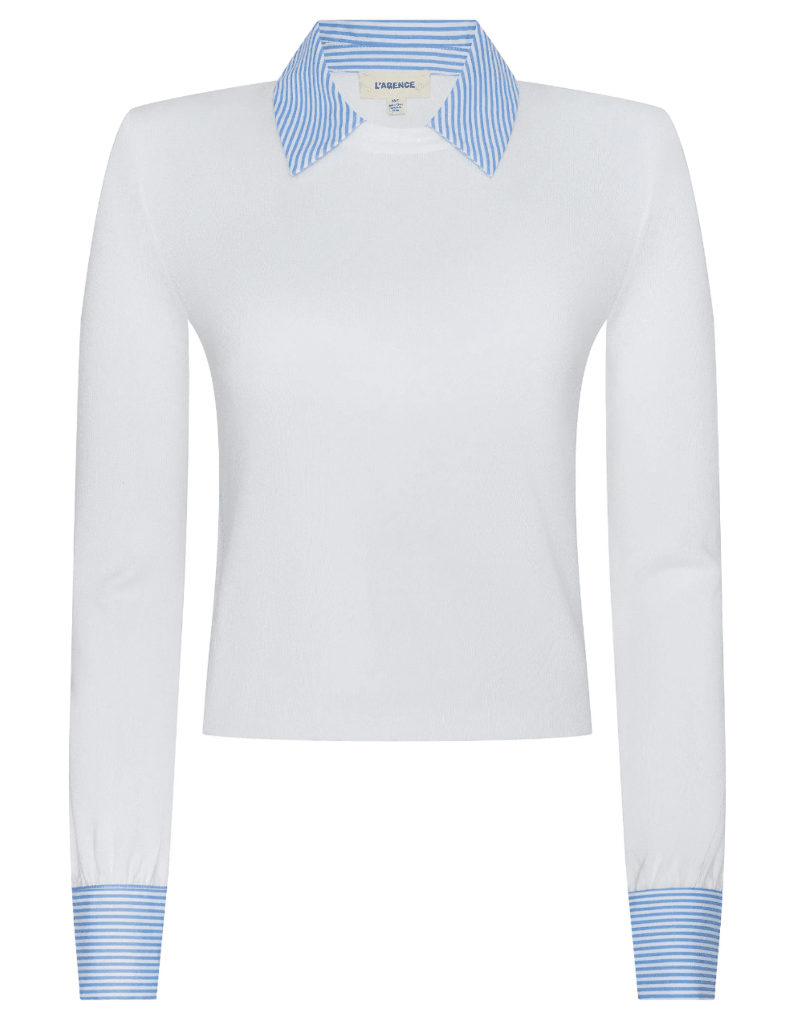 L’AGENCE April Poplin Collar Sweater in white with blue stripe cuffs