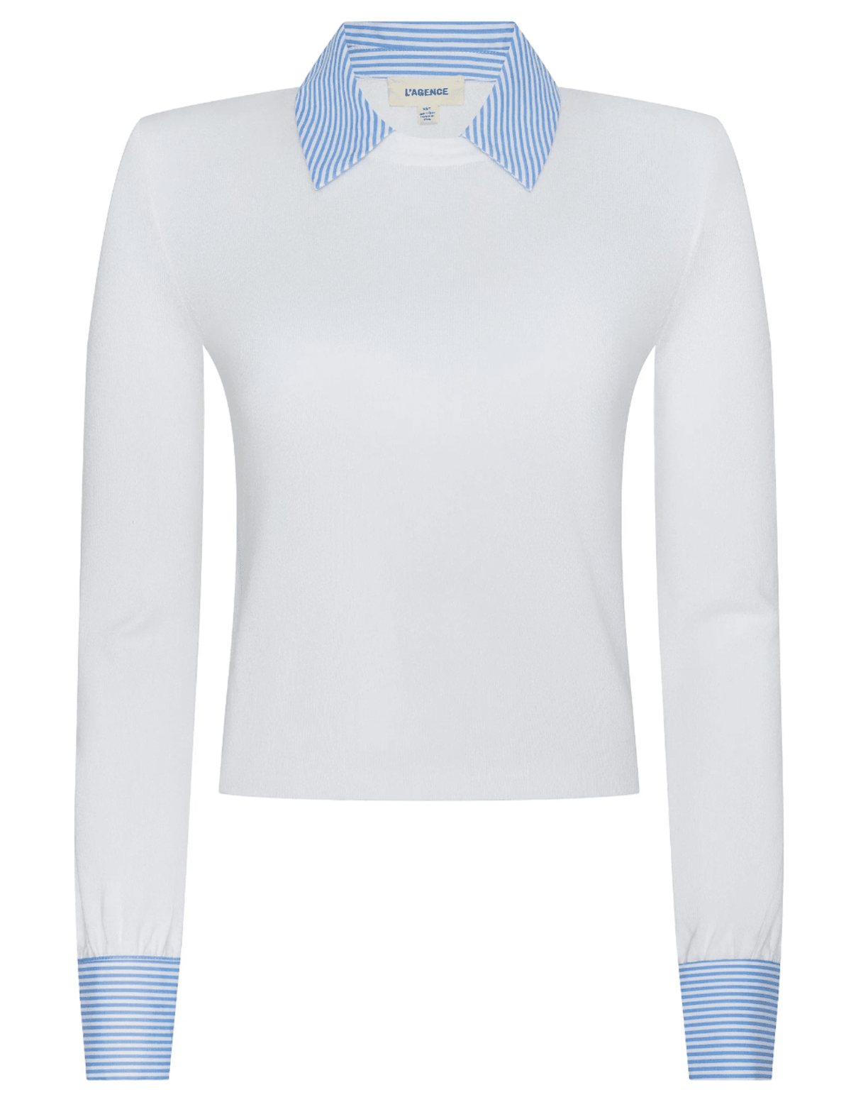 L’AGENCE April Poplin Collar Sweater in white with blue stripe cuffs
