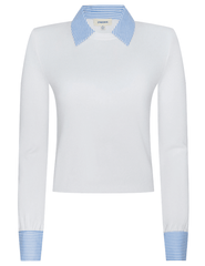 L’AGENCE April Poplin Collar Sweater in white with blue stripe cuffs