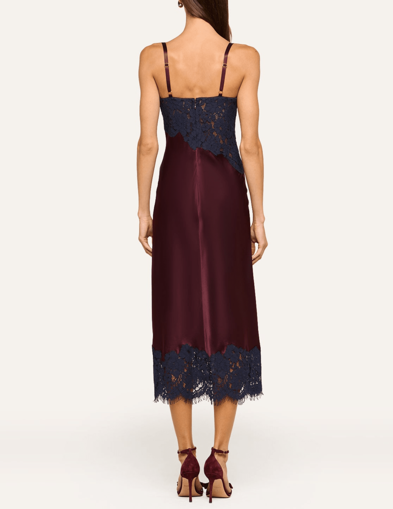 Back view of L'AGENCE Araminta Lace Silk Midi Dress in Deep Sangria.