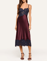 Front view of L'AGENCE Araminta silk midi dress with midnight lace.