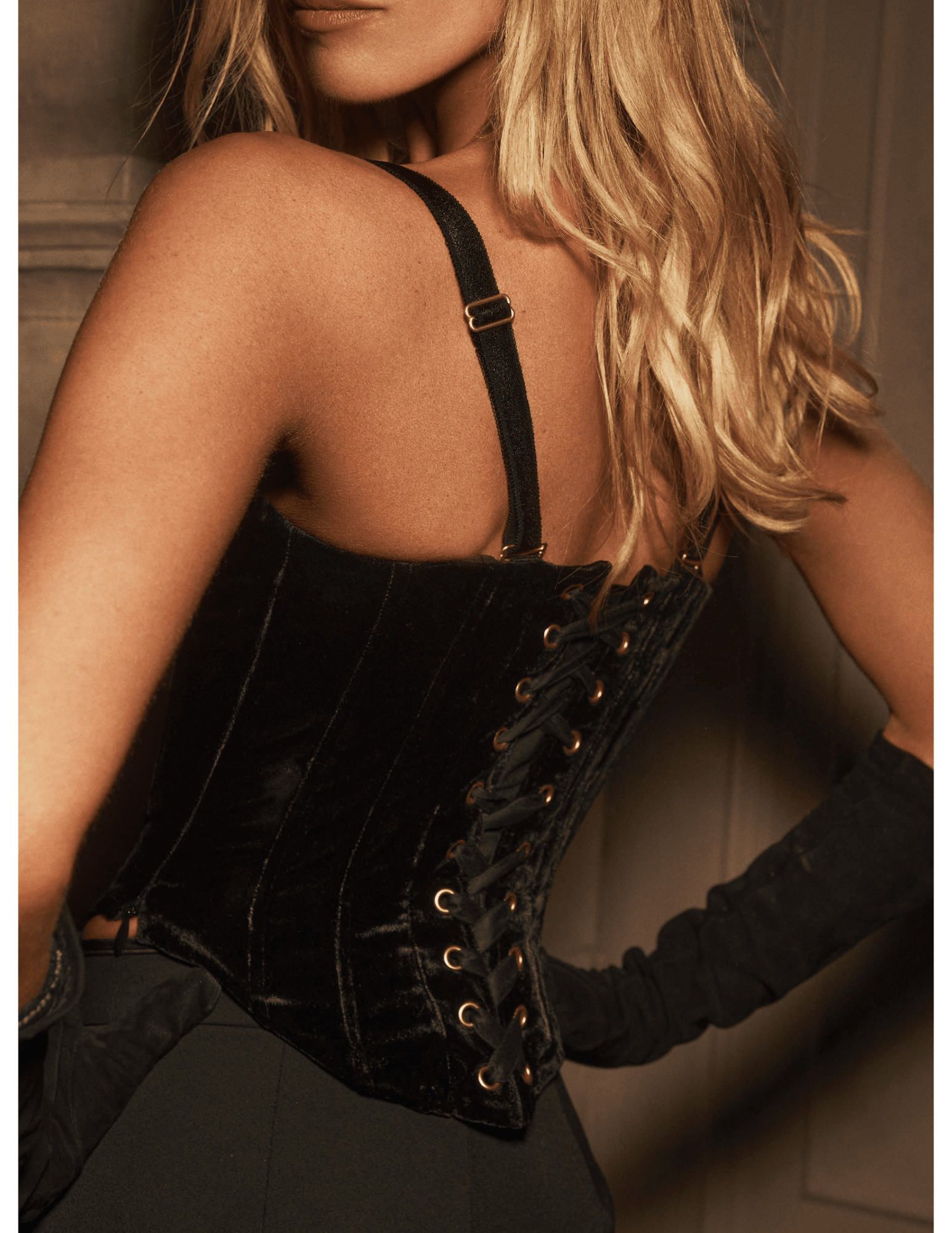 Back editorial view of L’AGENCE Ariana Velvet Lace-Up Corset Black