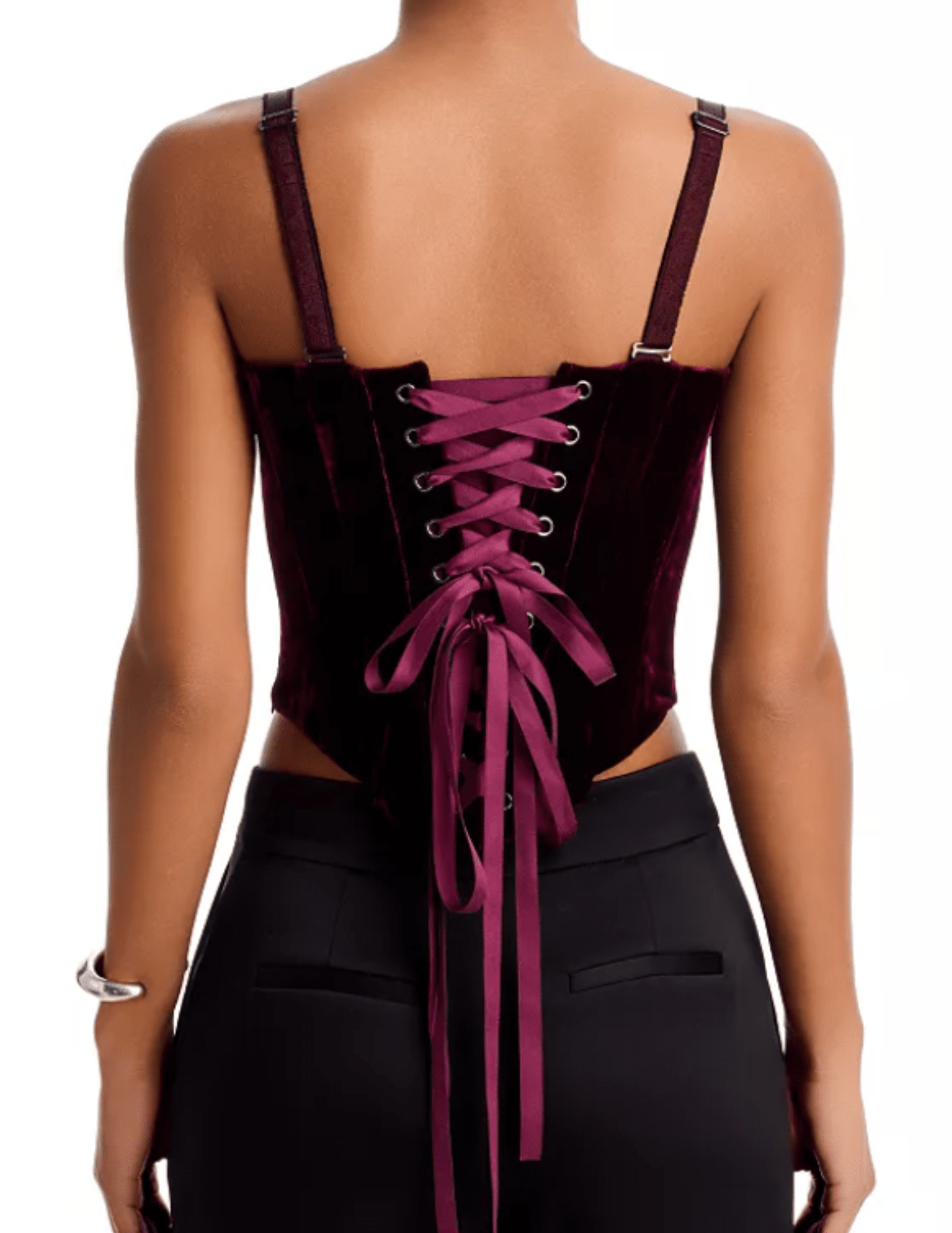 Back view of L'AGENCE Ariana Velvet Corset showing adjustable straps and lace-up detailing.