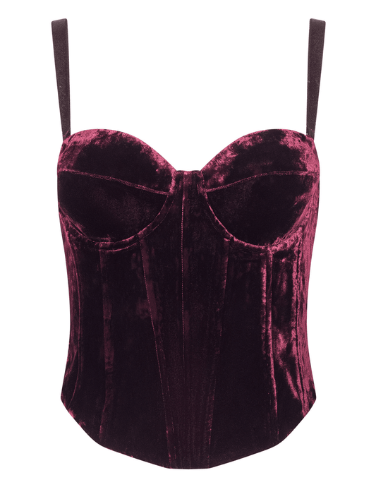 L'AGENCE Ariana Velvet Lace-Up Corset in Deep Port with sweetheart neckline and structured velvet bodice.