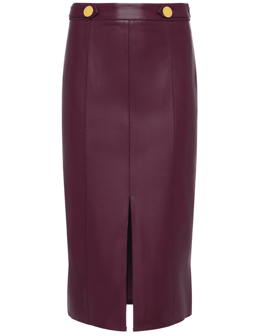 L’AGENCE Arlette Whipstitch Midi Skirt in Dark Port with gold button details