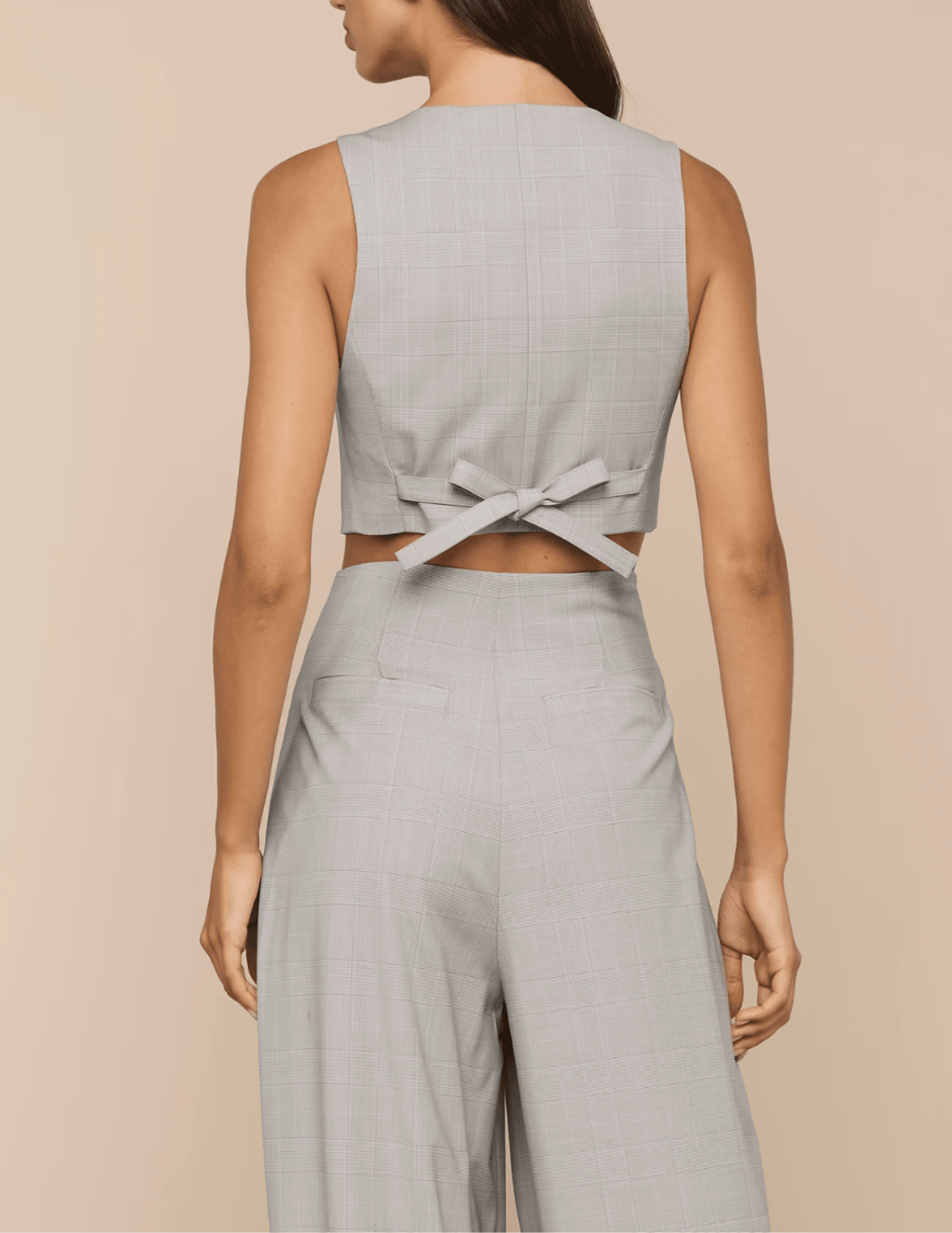 Back view of L'AGENCE Arwen U-Neck Vest in Ivory Tan Blue Plaid