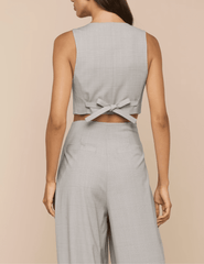 Back view of L'AGENCE Arwen U-Neck Vest in Ivory Tan Blue Plaid