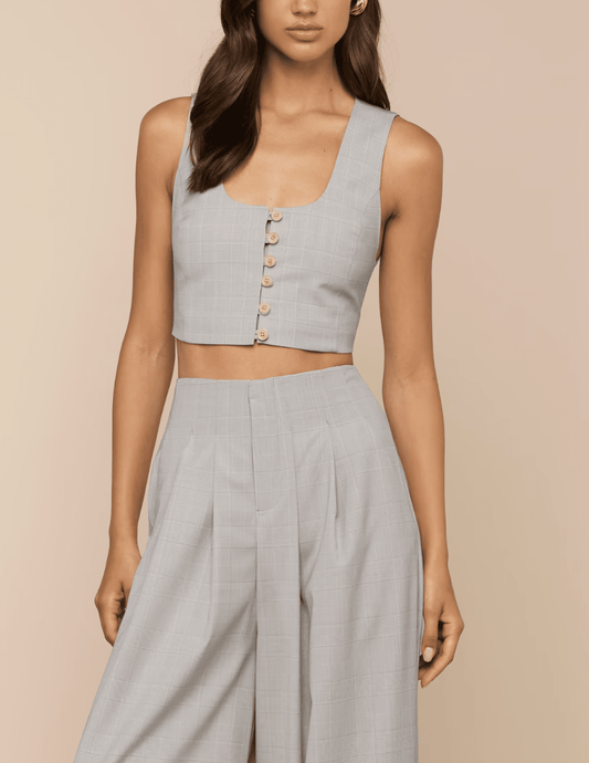 Front view of L'AGENCE Arwen U-Neck Vest in Ivory Tan Blue Plaid