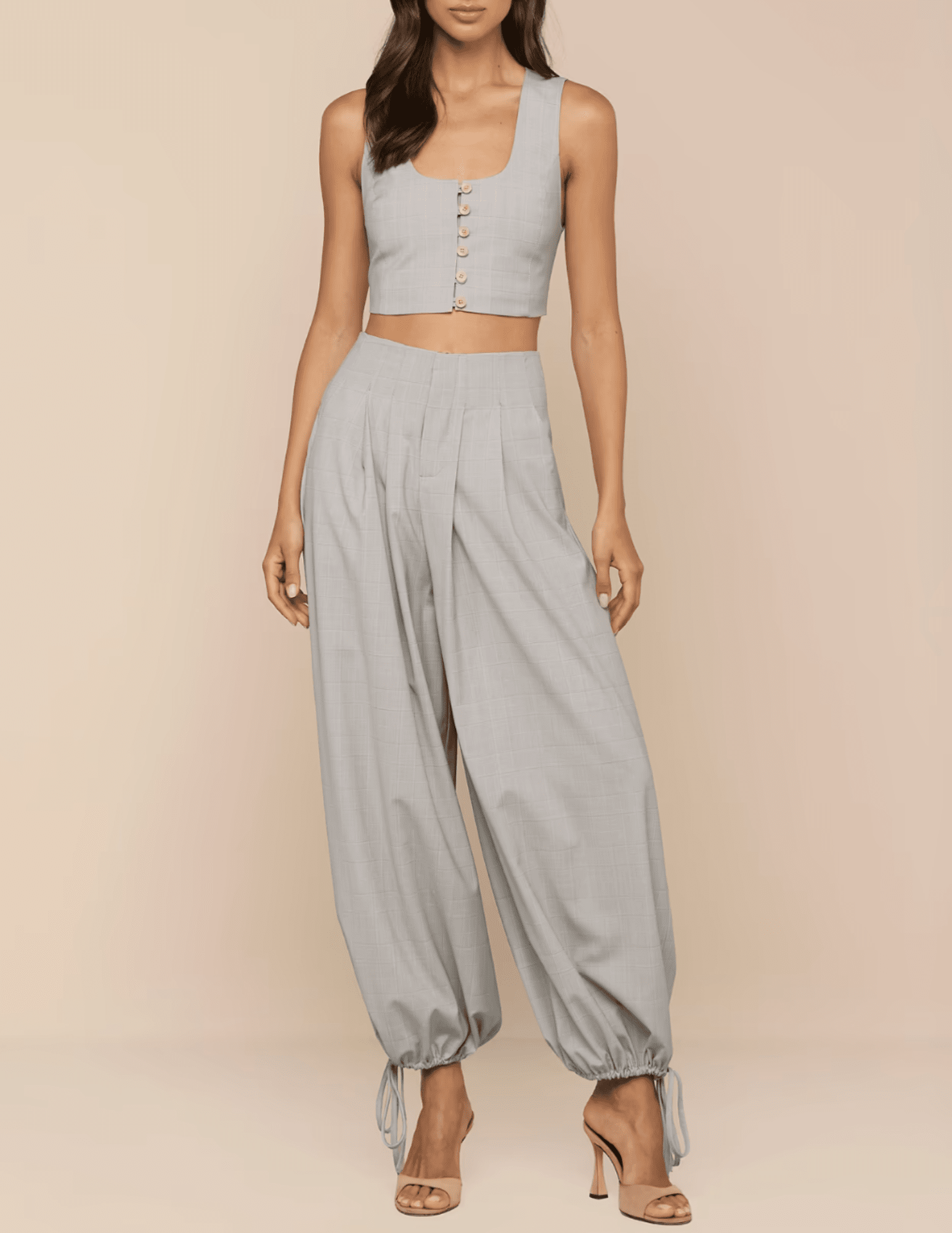 L'AGENCE Arwen U-Neck Vest in Ivory Tan Blue Plaid styled with matching pant