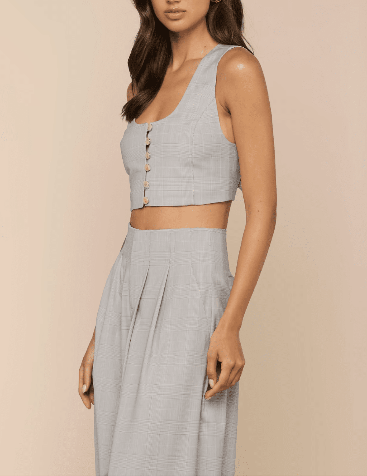 Side view of L'AGENCE Arwen U-Neck Vest in Ivory Tan Blue Plaid