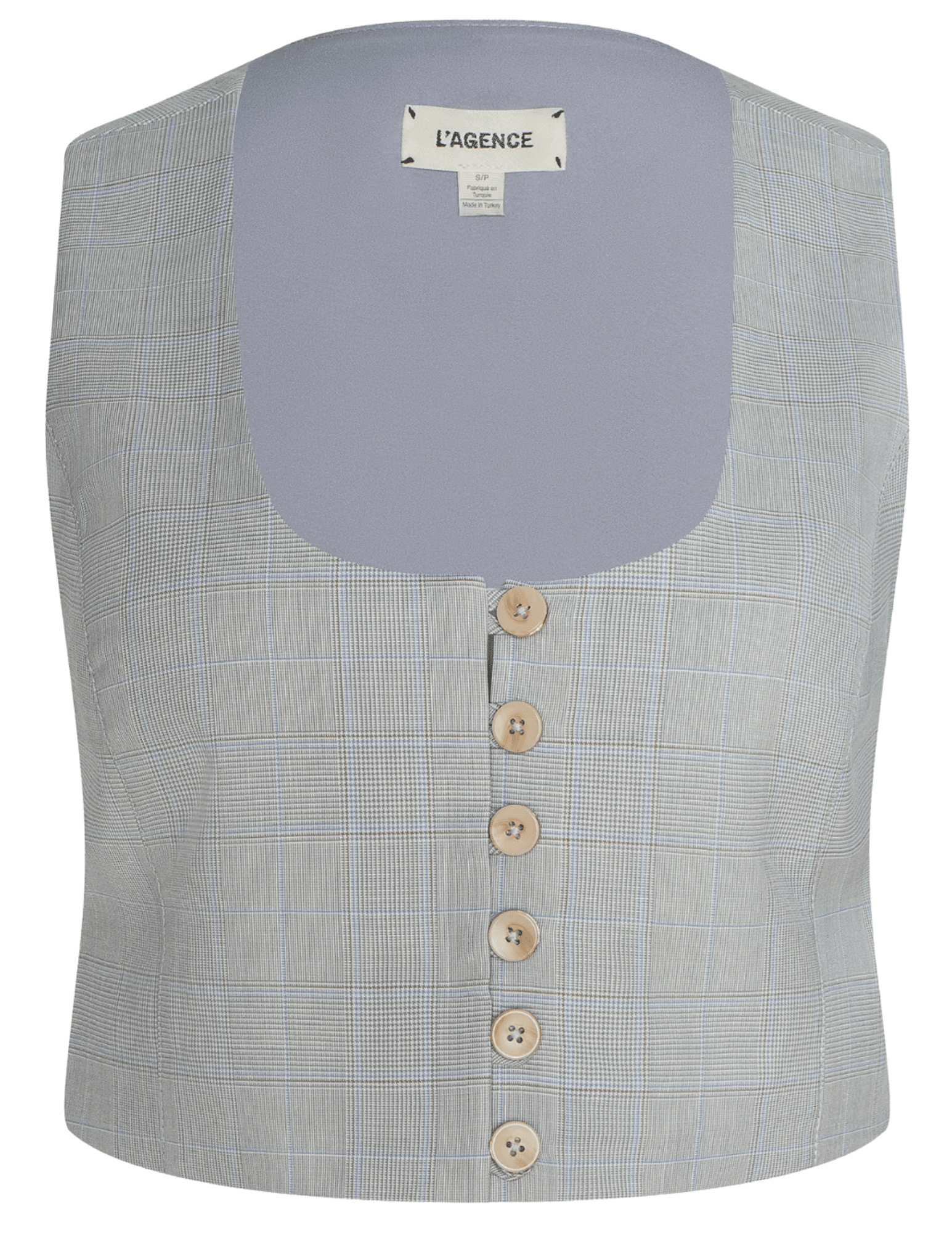 L'AGENCE Arwen U-Neck Vest in Ivory Tan Blue Plaid